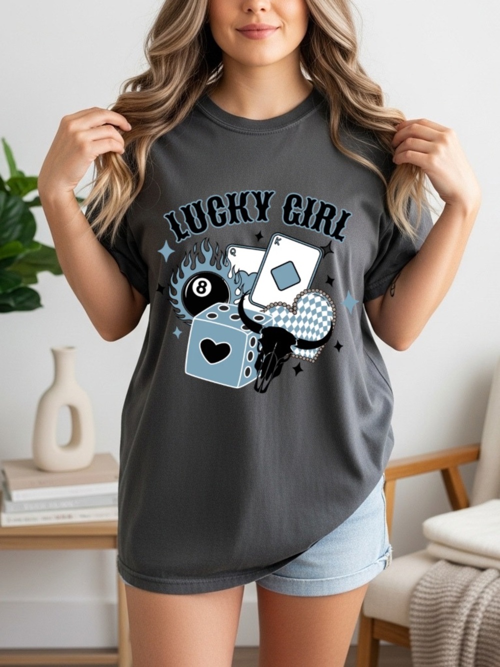 Comfort Colors Charcoal 'Lucky Girl' Graphic Tee with Blue Accents